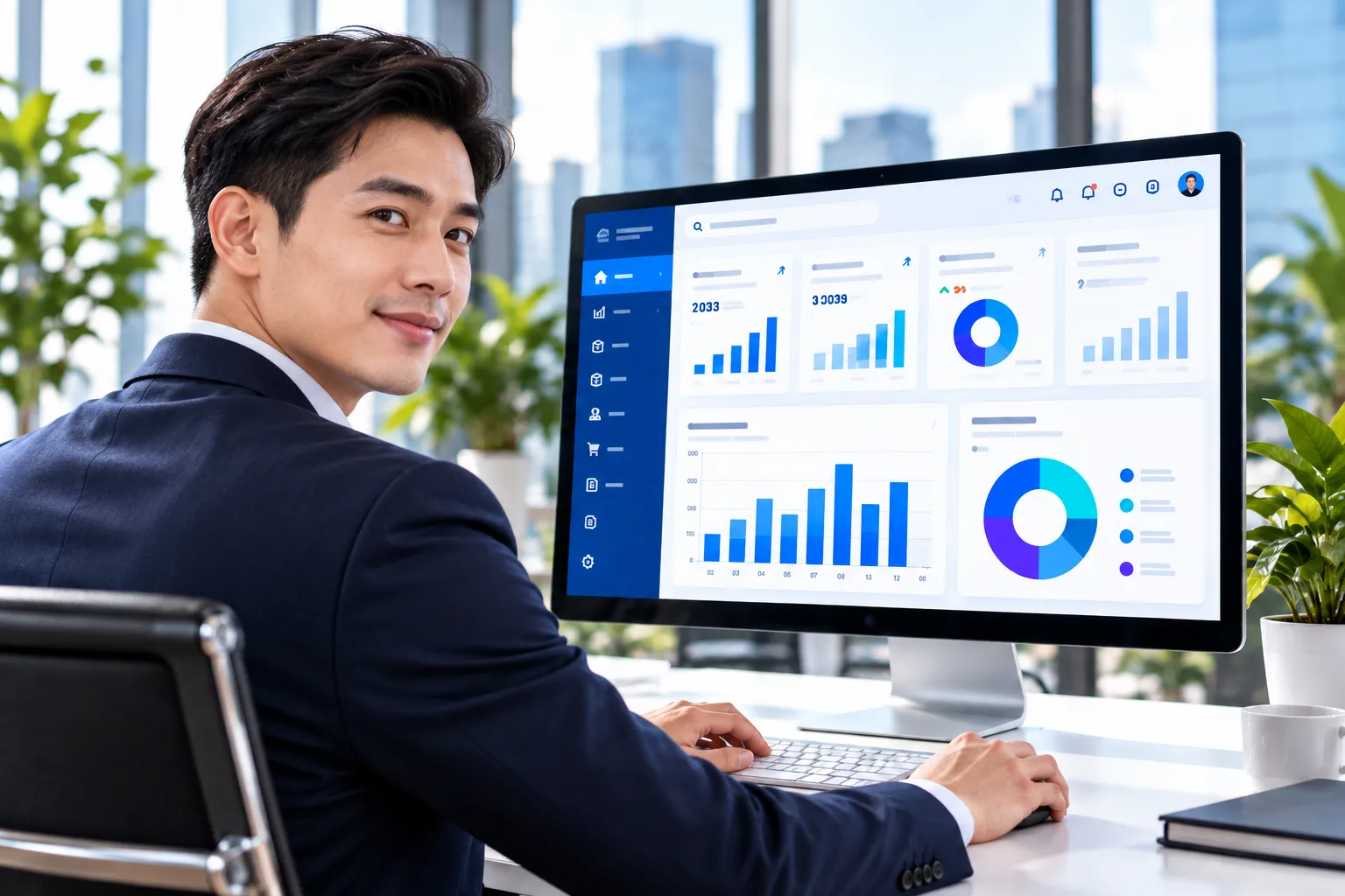 Người quản lý theo dõi báo cáo doanh nghiệp trên màn hình máy tính