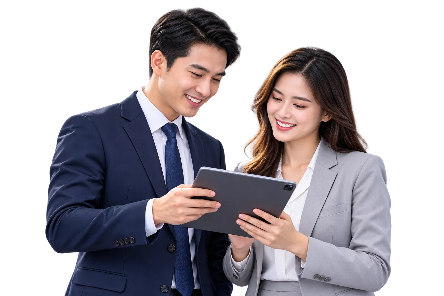 Nam và nữ chuyên viên công sở cùng trao đổi trên máy tính bảng